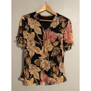 Vintage Womens Top Size Large Black Floral Chiffon Flowy Fairy Whimsigoth Y2K